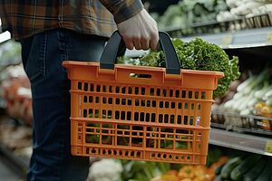 La main tient un panier orange rempli de légumes.