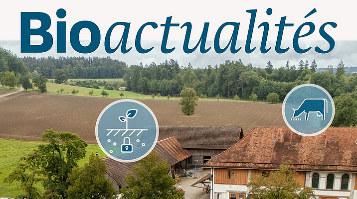 Magazine Bioactualités Page de couverture du Bioactualités 8|25: vue aérienne d'une ferme avec différents pictogrammes bleus.