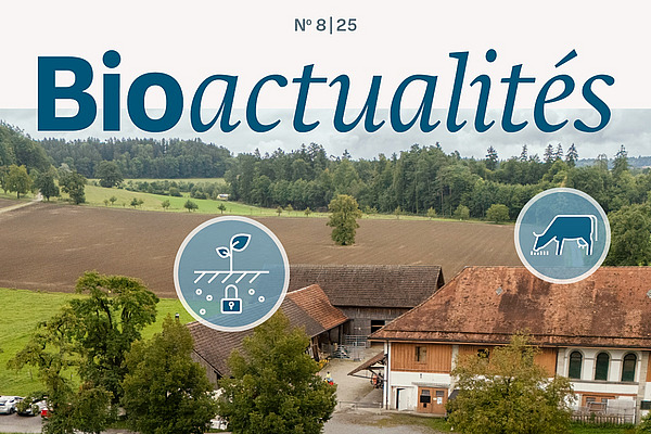 Page de couverture du Bioactualités 8|25: Sol, eau, énergie, alimentation, production animale: L’agriculture bio montre comment la protection du climat réussit dans la pratique. Photo: Christian Pfister, FiBL Page de couverture du Bioactualités 8|25: vue aérienne d'une ferme avec différents pictogrammes bleus.