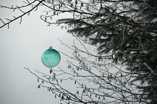 Une boule de verre est suspendue à une branche devant des arbres.