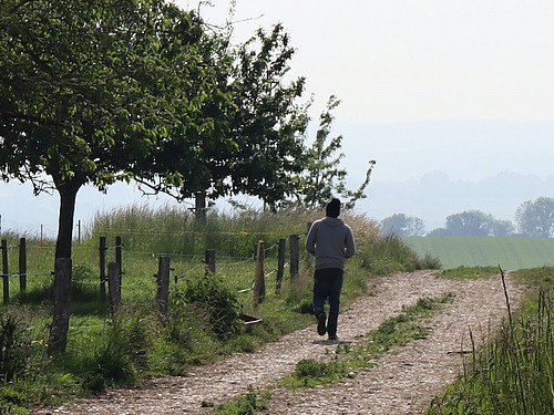 Personne marchant dans la campagne.