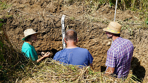 Trois hommes dans une fosse étudiant un profil de sol.
