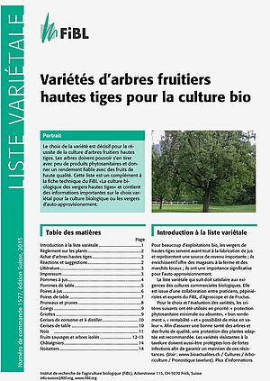 Page de couverture de la liste variétale «Variétés d'arbres fruitiers hautes tiges pour la culture bio»